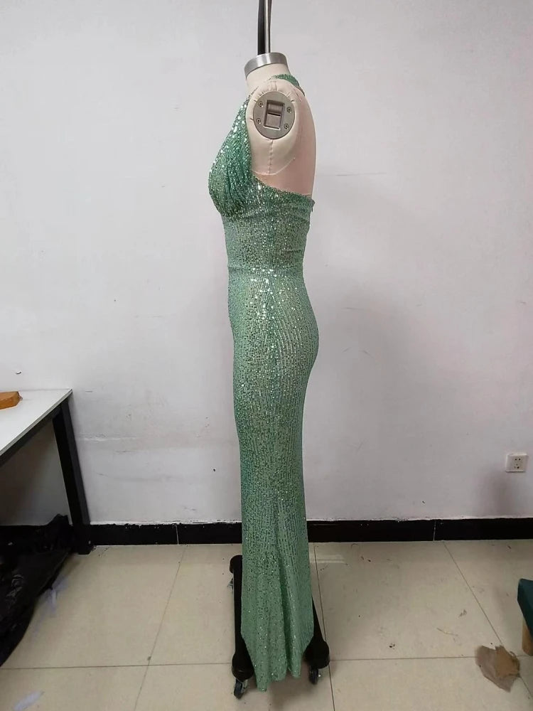 Jade Sequin Halter Gown