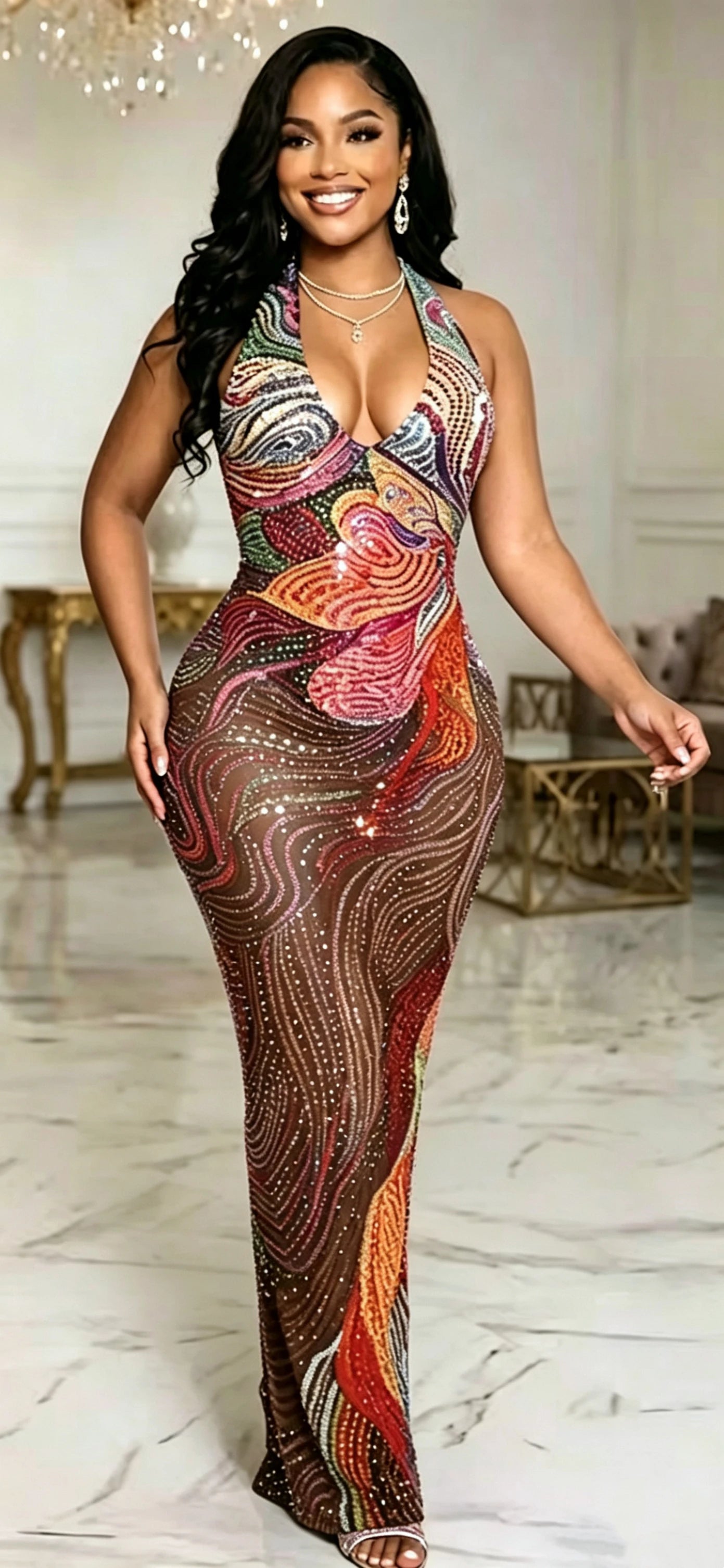 Nuit Rhinestone Mesh Gown