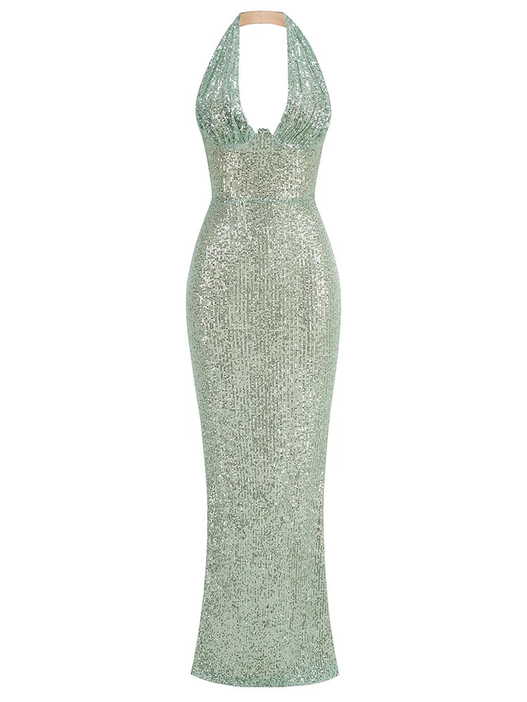 Jade Sequin Halter Gown