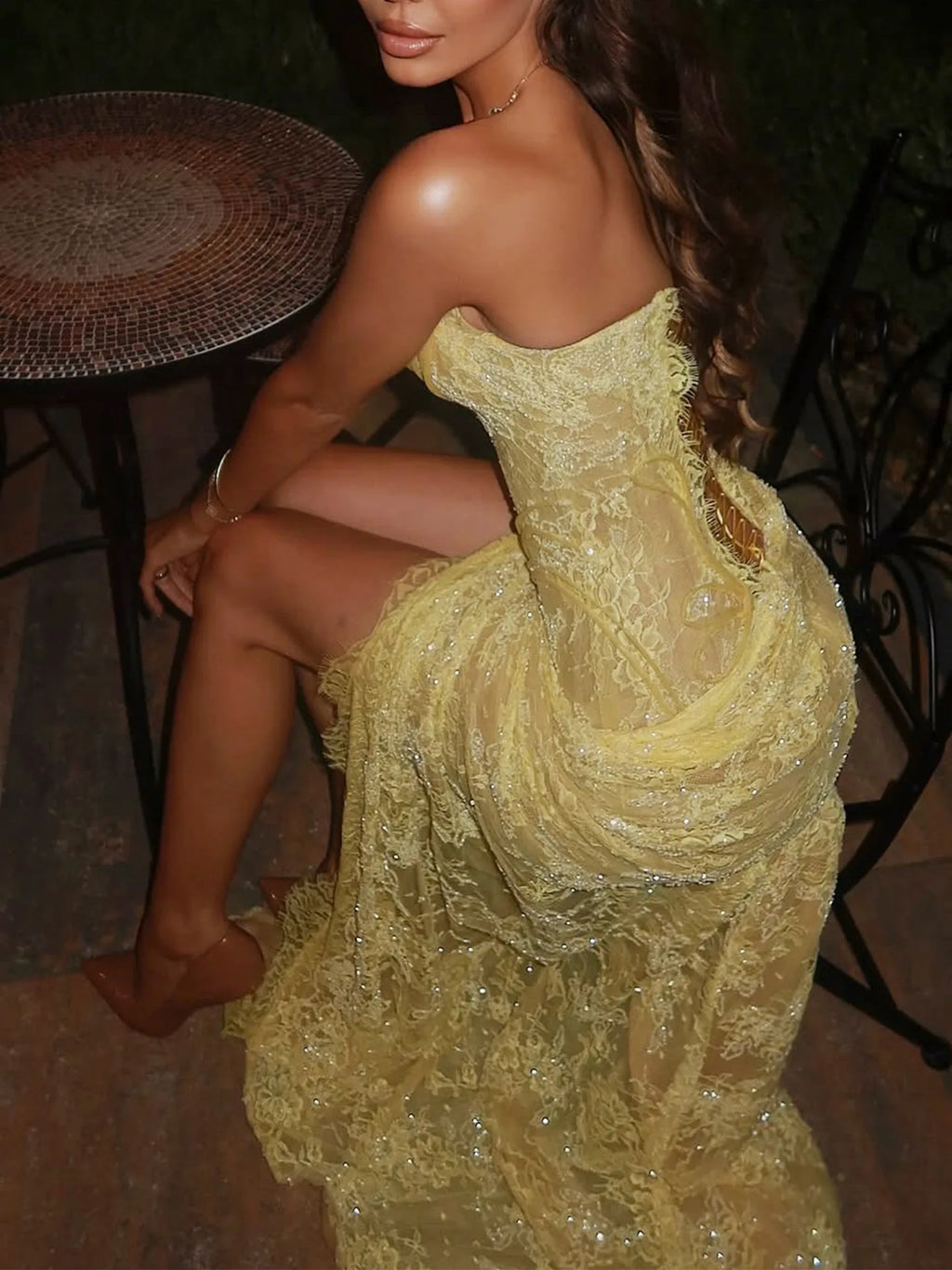 Sequin Dress 2026 New Light Yellow Corset Gown with Lace & Sequin High Slit Dress with Ruched Detail