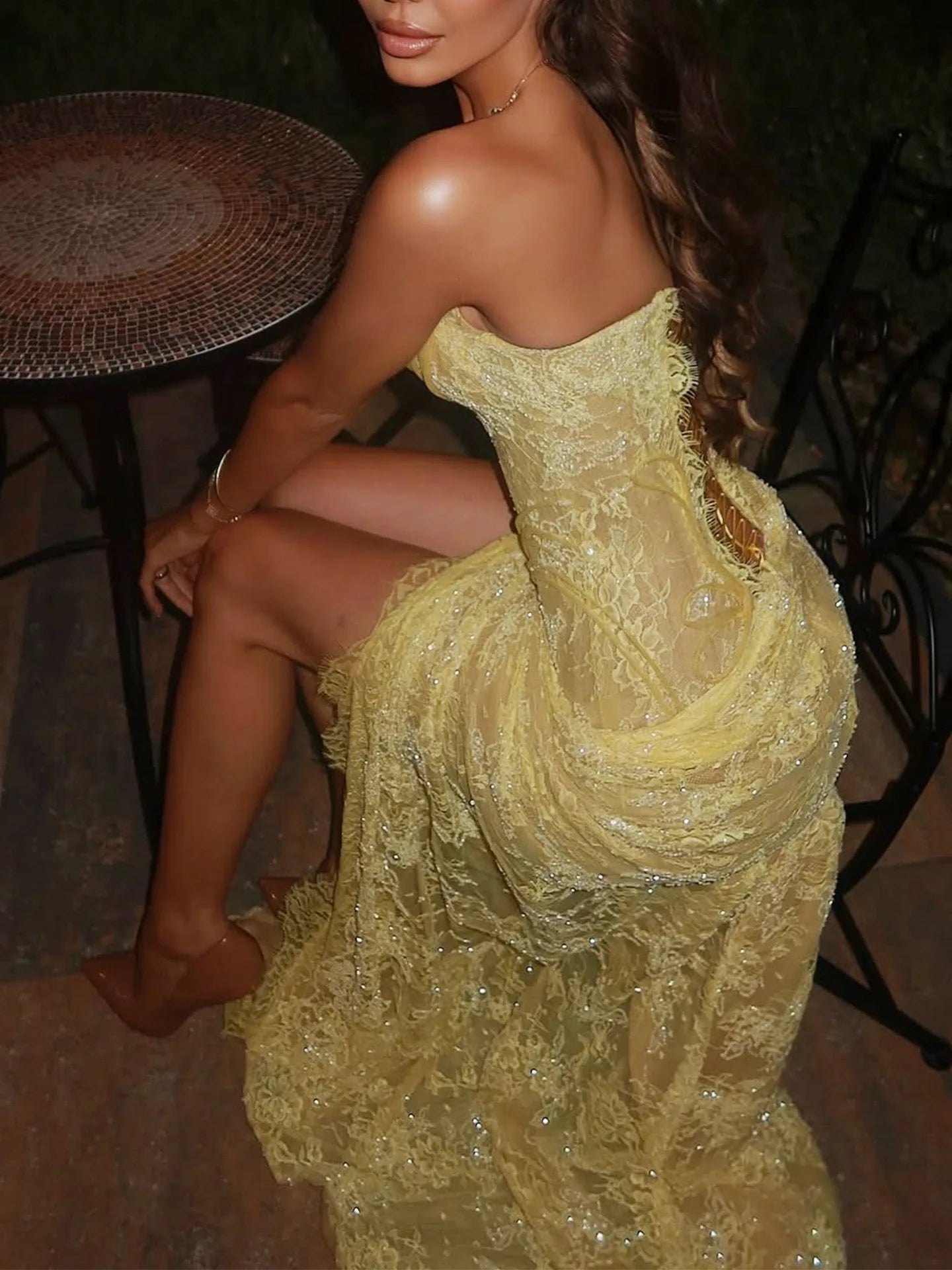 Sequin Dress 2026 New Light Yellow Corset Gown with Lace & Sequin High Slit Dress with Ruched Detail