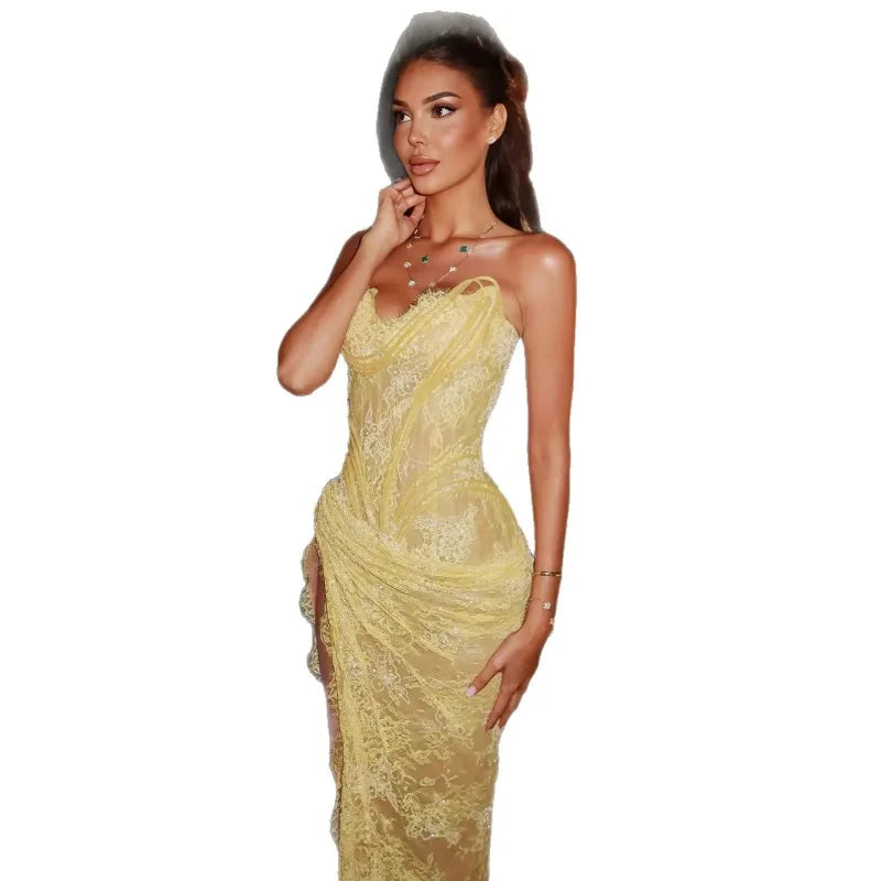 Sequin Dress 2026 New Light Yellow Corset Gown with Lace & Sequin High Slit Dress with Ruched Detail