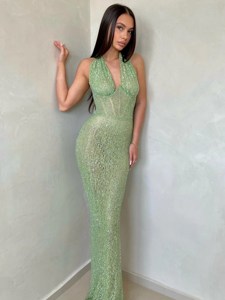 Jade Sequin Halter Gown