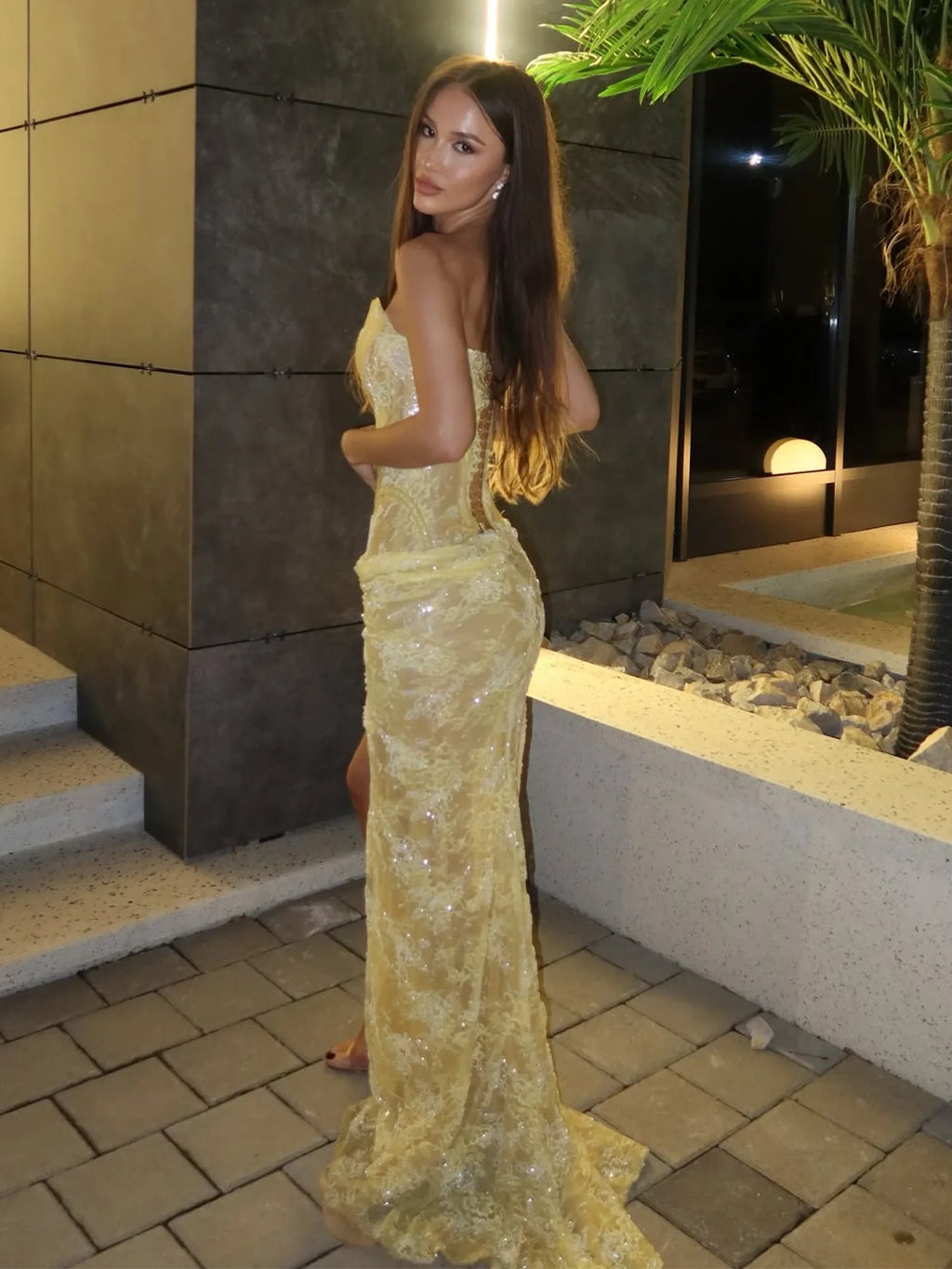 Sequin Dress 2026 New Light Yellow Corset Gown with Lace & Sequin High Slit Dress with Ruched Detail