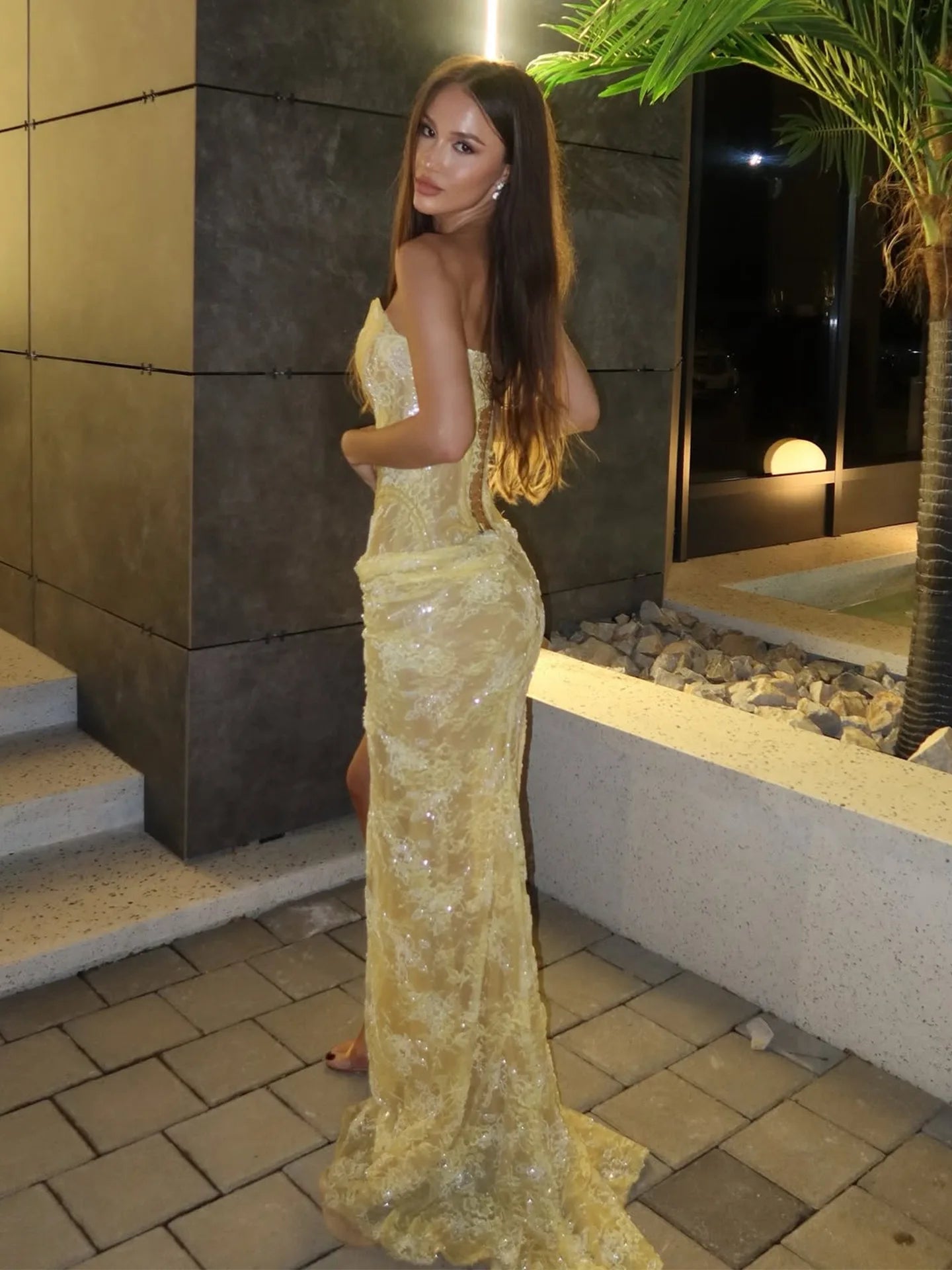 Sequin Dress 2026 New Light Yellow Corset Gown with Lace & Sequin High Slit Dress with Ruched Detail