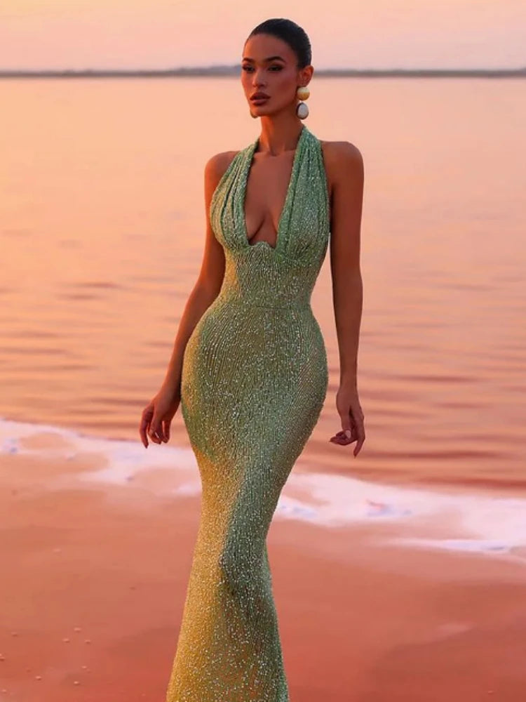 Jade Sequin Halter Gown