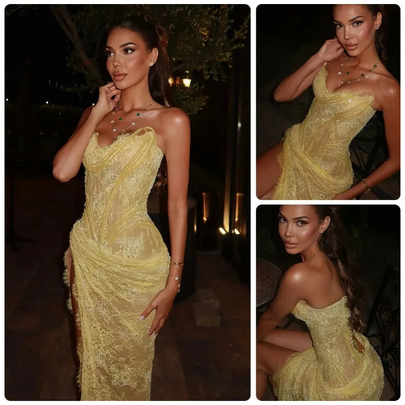 Sequin Dress 2026 New Light Yellow Corset Gown with Lace & Sequin High Slit Dress with Ruched Detail