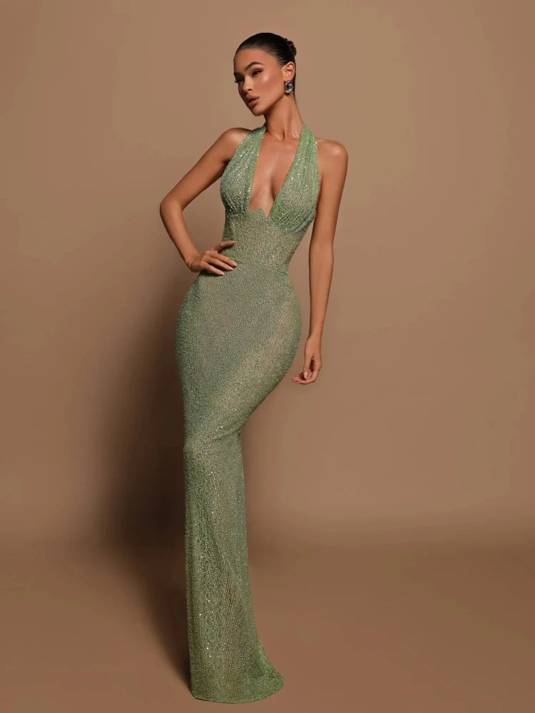 Jade Sequin Halter Gown