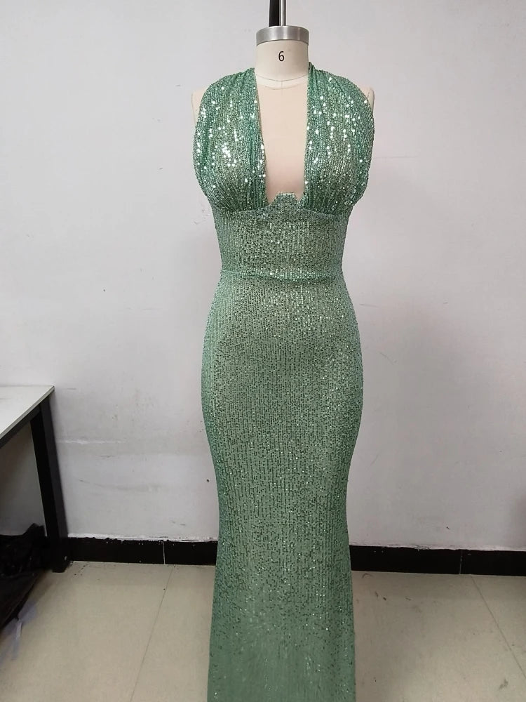 Jade Sequin Halter Gown