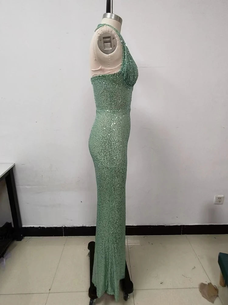 Jade Sequin Halter Gown