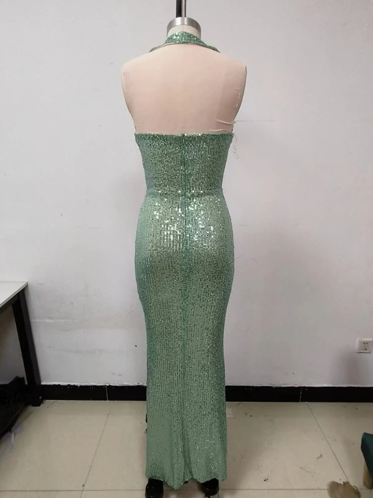 Jade Sequin Halter Gown