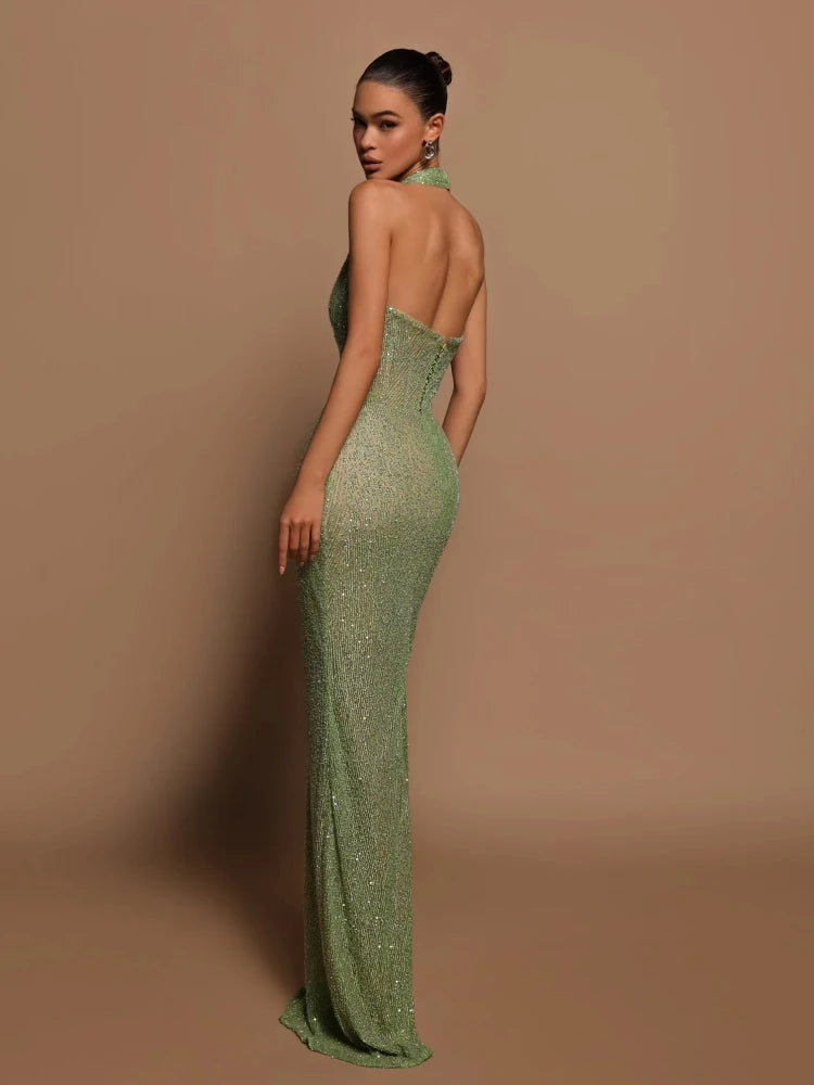Jade Sequin Halter Gown