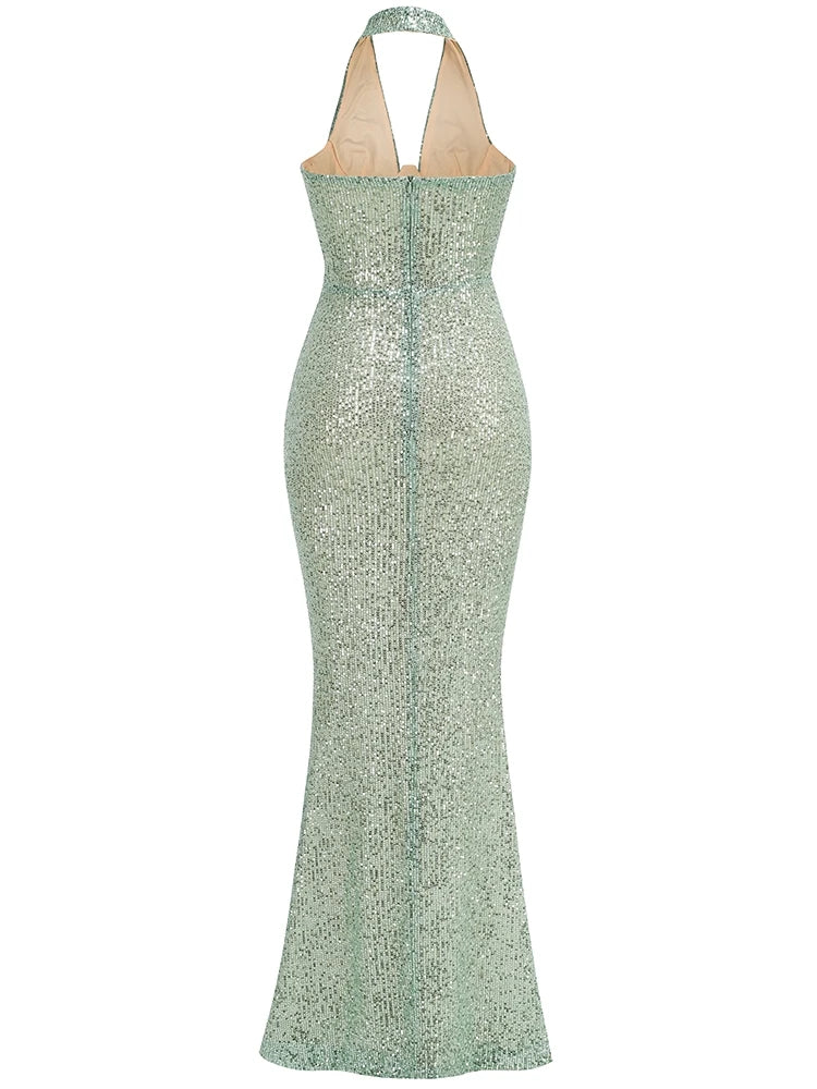Jade Sequin Halter Gown