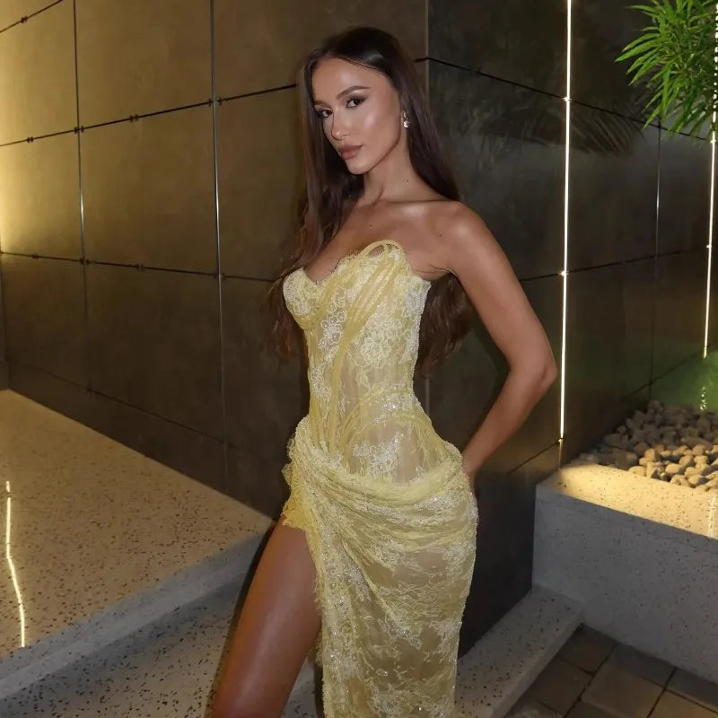 Sequin Dress 2026 New Light Yellow Corset Gown with Lace & Sequin High Slit Dress with Ruched Detail